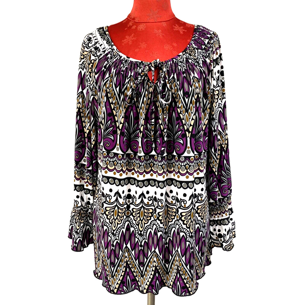 New Directions Size XL Peasant Top Tunic Blouse Boho Purple Gray Tan Floral Chic